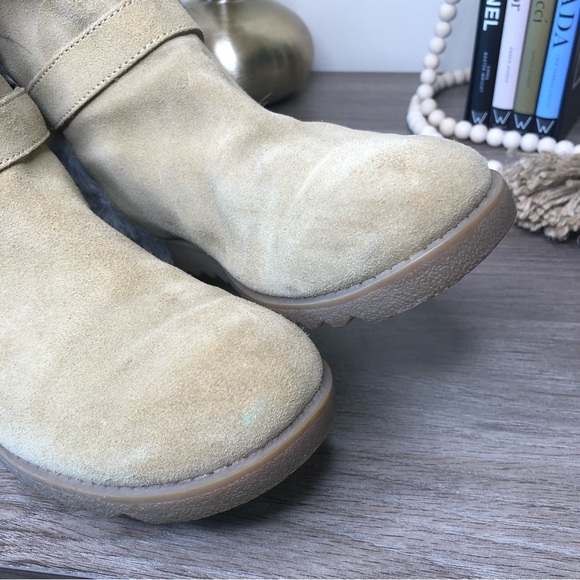 COACH Deeann Rabbit Fur Trim Camel/Tan Suede Leather Buckle Detail Long Boots 7 - Picture 8 of 9